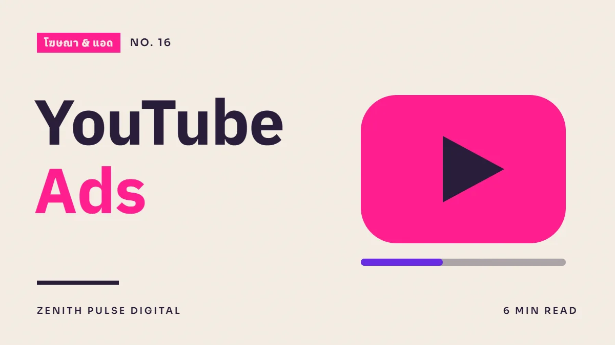 ภาพปกบทความ “YouTube Ads” ดีไซน์กราฟิกเรียบพร้อมปุ่มเล่นวิดีโอ