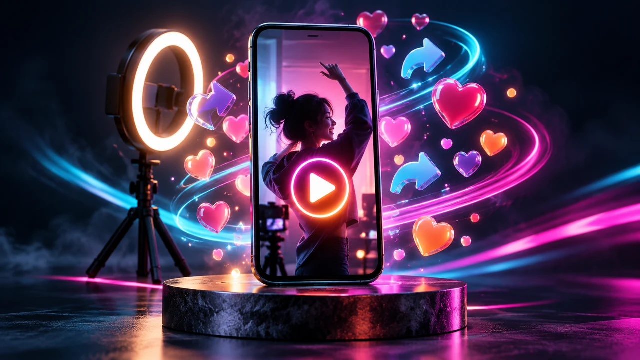 สมาร์ตโฟนถ่ายวิดีโอและสัญลักษณ์แชร์ สื่อถึงคอนเทนต์ไวรัลบน TikTok